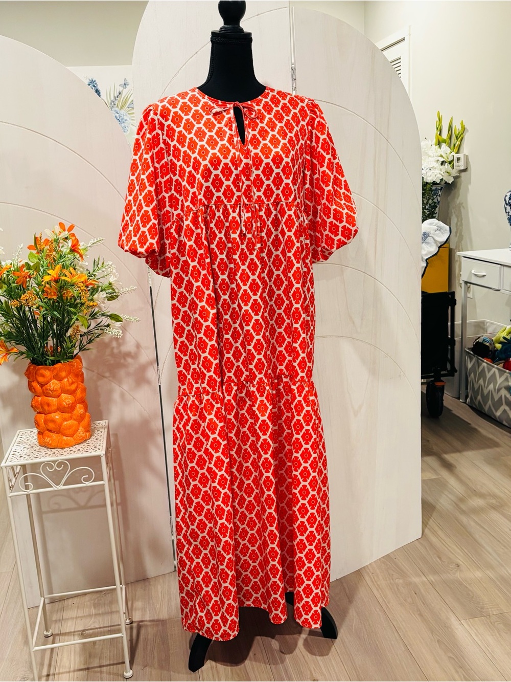 Bright Orange Geometric Floral Puff Sleeve Tiered Maxi Dress - Large Iron Free